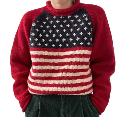 Vintage Romney Designs Hand Knit 100% Wool Chunky American Flag Sweater Sz M 