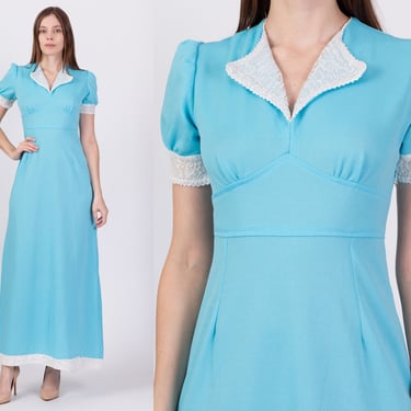 60s 70s Blue Puff Sleeve Prairie Maxi Dress - Small | Vintage Lace Trim Empire Waist Hippie Cottagecore Gown 