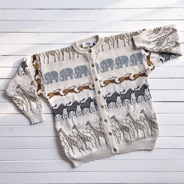 safari animal sweater 90s vintage Jayson Younger cream elephant lion zebra giraffe cotton cardigan 