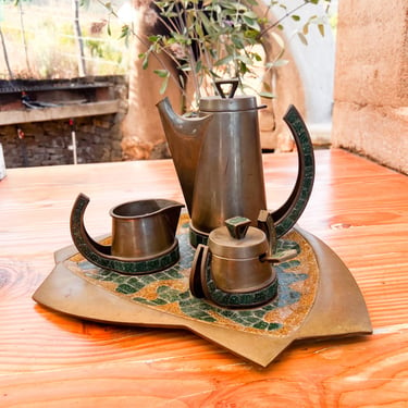 1960s Salvador Teran Coffee Tea Service Set of 5 Brass Mosaic Stone Mexico 