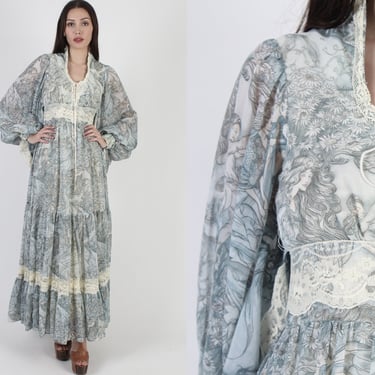 Gunne Sax Fairy Print Dress / Romantic Renaissance Boho Wedding Gown / Rare Vintage 1970's Cottagecore Dress 