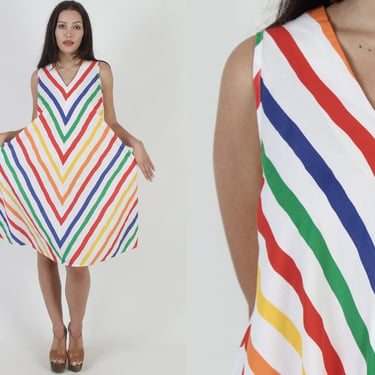 Rainbow Striped Sun Dress Medium, Colorful Chevron Lined Minimalistic Dress With Pockets 