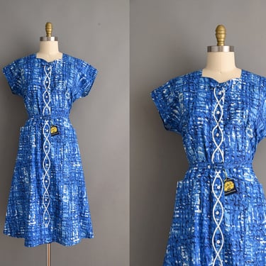 Vintage 1950s Dress | Dead Stock Top Mode Frocks Blue Cotton Day Dress |  XXL Plus Size 