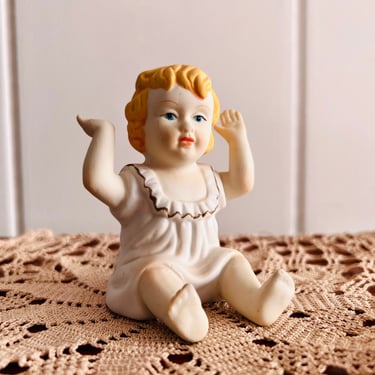 Antique Piano Baby, Hand painted Matte Bisque Porcelain, Baby with arms raised, gift for musician, baby room decor 