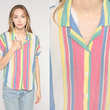 80s Striped Shirt Button Up Blouse White Blue Green Yellow Pink Stripes Preppy Retro Short Sleeve Collared Summer Top Vintage 1980s Large L 