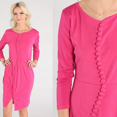 Bright Pink Sheath Dress 90s Plain Button Up Mini Dress Hot Pink Dress Vintage 1990s Long sleeve High Waisted Dress Secretary Dress Small S 