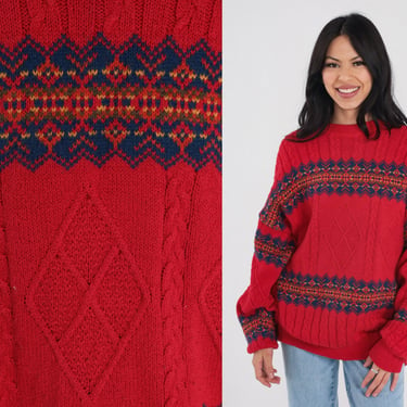 Red Sweater 90s Cable Knit Fair Isle Pullover Sweater Geometric Diamond Print Striped Crewneck Jumper Cableknit Blue Vintage 1990s Large L 