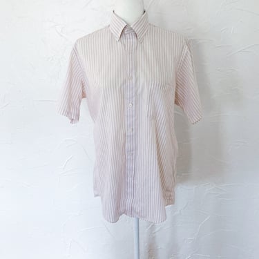 70s Pink and White Candy Striped Button Up Short Sleeve Shirt | Large/Extra Large 