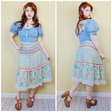 1970s Vintage Mint Green Calico Skirt / 70s/ Seventies Ribbon Trim Ruffled Prairie Skirt / Size Small 