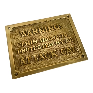 Vintage Solid Brass “Warning: This House Is Protected By An ATTACK CAT” Wall Mount Plaque | Entrance Sign | Garden Decor 