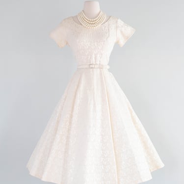 Classic 1950's Fit and Flare Ivory Brocade Tea Length Wedding Dress / M