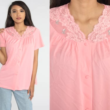 Pink Lingerie Shirt 70s Pajama Top Nylon Lace Button Up Blouse Girly Sleep Shirt Retro Lounge Top Short Sleeve Vintage 1970s Medium Large 