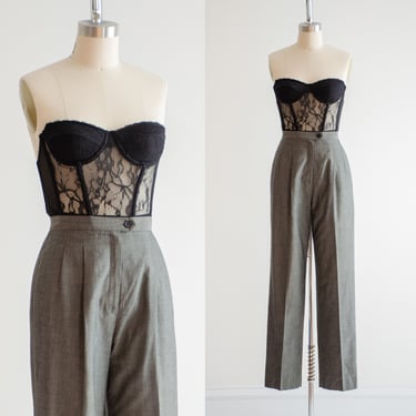 high waisted pants 90s vintage gray wool dark academia pleated trousers 