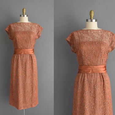 1950s vintage dress | Leslie Fay Cinnamon Lace Cocktail Party Wiggle Dress | Small | 50s dress 
