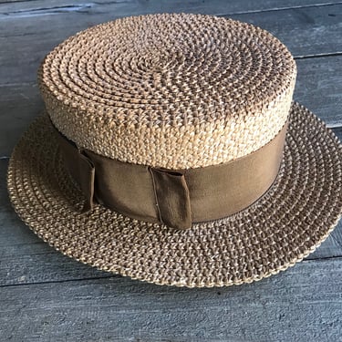 French Straw Boater Hat, Brown Ribbon Bow, Prop, Made in England 