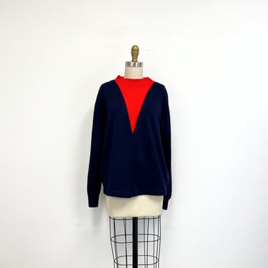 Vintage Mock Neck Deep V Sweatshirt | 1960s Mod Fleece Back Shirt | Navy and Red | Size Large 