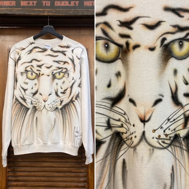 Vintage 1990’s Tiger Artwork Airbrush Sweatshirt Dated 1990, 90’s Sweatshirt, 90’s Airbrush Art, 90’s Rhinestone, Vintage Clothing 