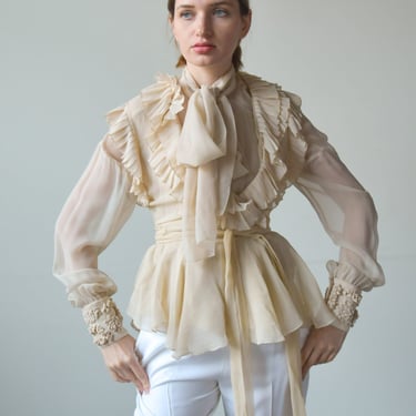 6971t / sheer silk chiffon ascot layered blouse 
