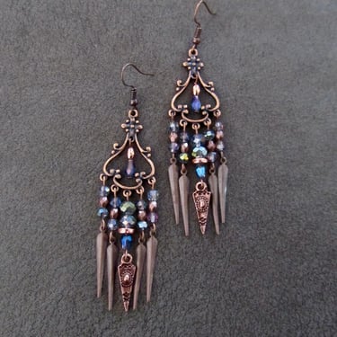 Chandelier earrings, multicolor crystal and copper gypsy earrings, boho bohemian unique princess 