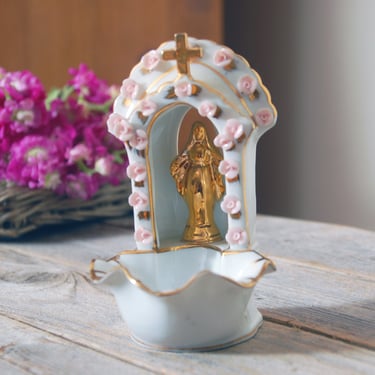Lefton Holy Water font / hand painted Virgin Mary Holy Water font / vintage Lefton Holy Mother with roses / religious statuary 