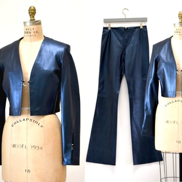2000s y2k Leather Suit Jacket and Pants Pearlized Navy Blue leather Suit Metallic Leather Jacket Pants West Coast Leather Small Medium 