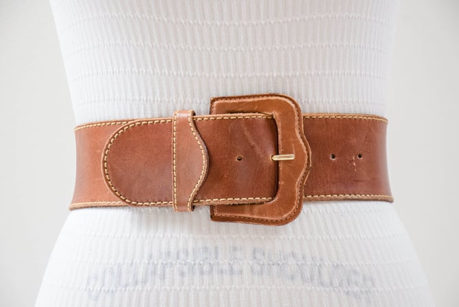 wide brown leather belt | 80s 90s vintage waxed oil tan leather statement waist belt 