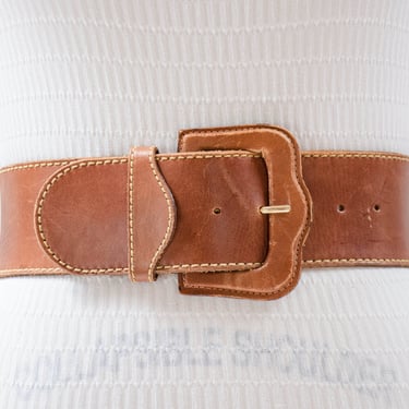 wide brown leather belt | 80s 90s vintage waxed oil tan leather statement waist belt 