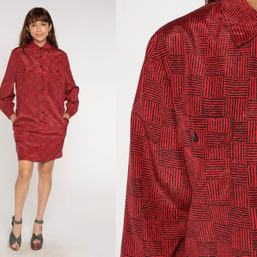 Checkered Mini Dress 80s Red Button Up Shirtdress Retro Secretary Checker Print Black 1980s Long Sleeve Shift Collared Medium M 8 
