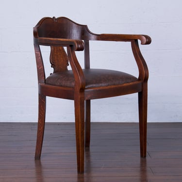 Antique Country French Oak Armchair W/ Brown Leather Seat 