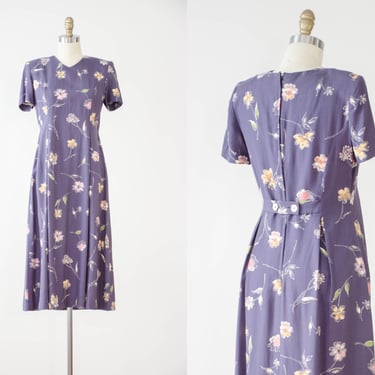 cute cottagecore dress | 80s 90s vintage dusty purple mauve pastel floral nipped waist midi dress 