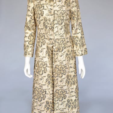 1960s gold metallic floral maxi dress with coat M 