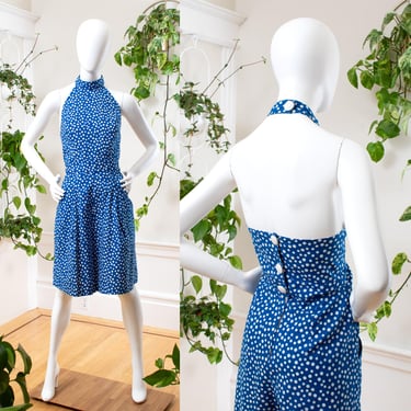 Vintage 1980s Romper | 80s Polka Dot Blue Cotton Halter Wide Shorts Pockets Button Back Preppy Summer Playsuit Dress | medium 