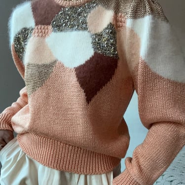 vintage patch detail angora metallic trim statement sweater 