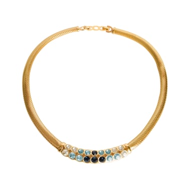 Christian Dior Vintage Shades of Blue Rhinestones Golden Mesh Necklace