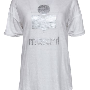 Isabel Marant Etoile - White Linen Tee w/ Silver Logo Graphic Sz L