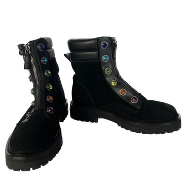 KURT GEIGER Boots, Black Lace up Rhinestone Boots, Designer Boots, Combat Boots, Leather Designer Boots, Rainbow Rhinestone Bootb s, Boots 