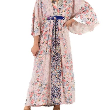 Lilac Blush & Indigo Floral Wave Japanese Kimono Silk Kaftan 