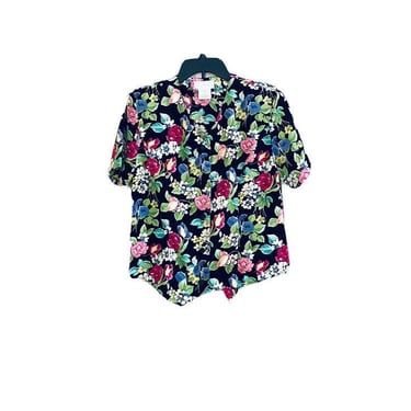 Christie & Jill 90s Vintage Chiffon Floral Multicolor V Neck Button Up Blouse 