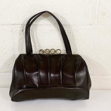 Vintage Brown Faux Leather Shoulder Bag Purse Handbag Gold Leather Hand Bag Clutch Kisslock Evening 1960s 60s 1950s 50s 
