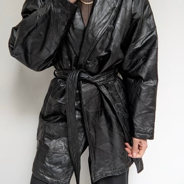 Vintage Black Belted Patchwork Leather Coat