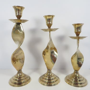 Mid Century Set of 3 Brass Candle Holders - Graduated Set of Twisted Brass Candlestick Holders 