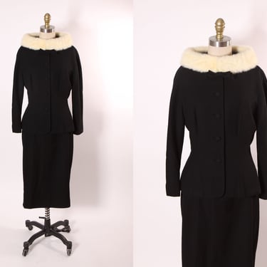 Early 1960s Black Bracelet Sleeve Button Up Bow Detail Front White Mink Collar Two Piece Skirt Suit by Lilli Ann Paris San Francisco -M 
