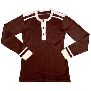 Vintage 1970s Brown Modal-Acrylic Knit Henley, 70s Casual Two-Tone Long Sleeve Top Made in Spain, 36