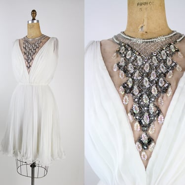 60s Jack Bryan White Pleated Dress / Vintage Party Dress / Wedding Dress / Size S/M 