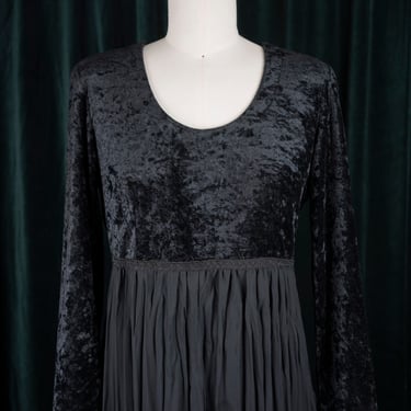 Vintage 90s Rabbit Rabbit Rabbit Designs Black Velvet and Crinkle Texture Dress with Empire Waist 
