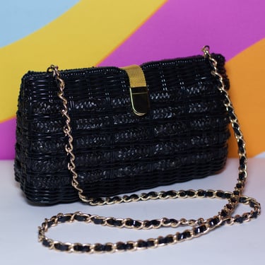 Vintage Black Woven Handbag with Gold Mesh Clasp 