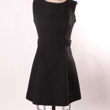 1960s Black Waffle Textured Polyester Sleeveless Back Buckle Mini Dress -XS 