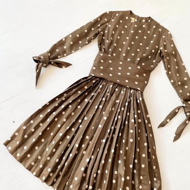 1970s Bill Blass Brown Polka Dot Dress with Matching Headscarf 