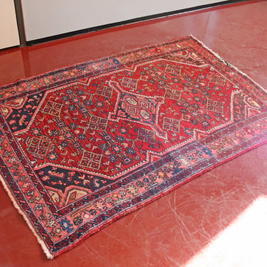 Vintage Red Persian Handwoven Wool Rug Carpet Folk Art Rustic Bohemian Boho Accent Floral Vegetal Turkish Arabian Accent Studio Pastel Pink 