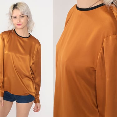 Burnt Orange Satin Blouse 80s Button up Top Long Sleeve Shirt Preppy Ringer Neck Formal Chic Shiny Formal Vintage 1980s Medium M 8 